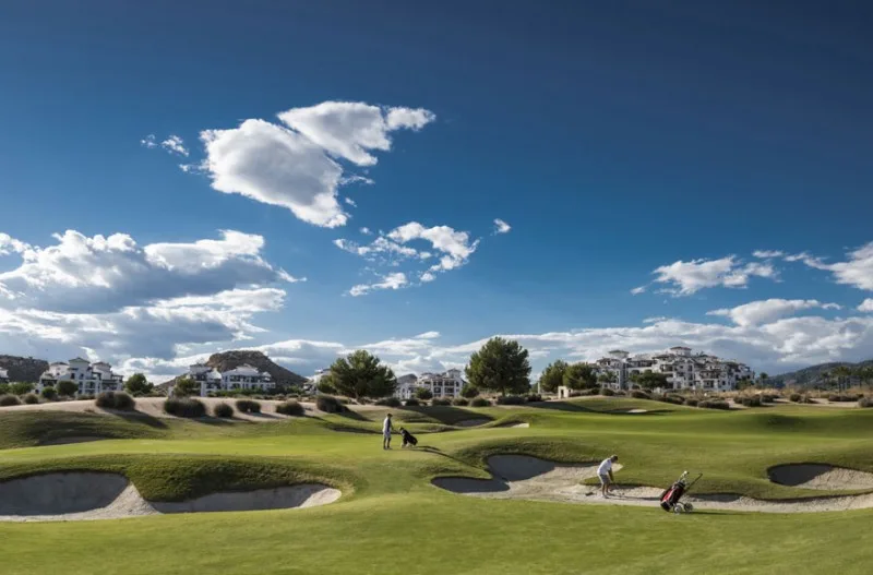 Championship golf course at sunset in the Murcia region with palm trees