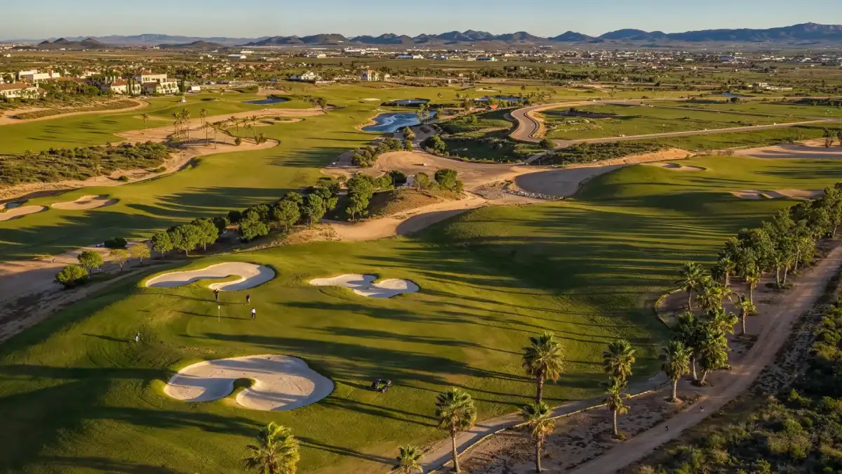 Aerial view of Hacienda del Álamo Golf Resort showing villas and the championship golf course