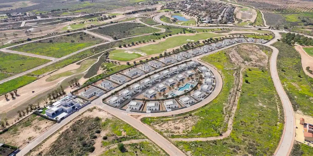 Panoramic view of the Murcia countryside with mountains and golf resort